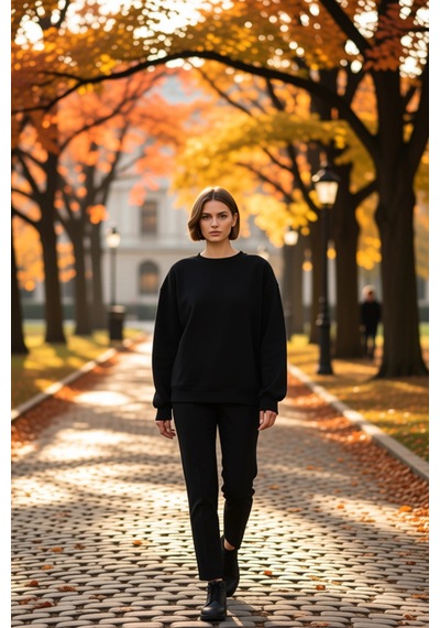 Benerly Kadın Bisiklet Yaka Düşük Kol Oversize Kalın Örme Sweatshirt Fonk siyah