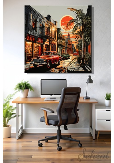Kare Tekli Kanvas Duvar Tablosu Modern Salon Mutfak Yatak Odası Ofis Gece Şehir Küba