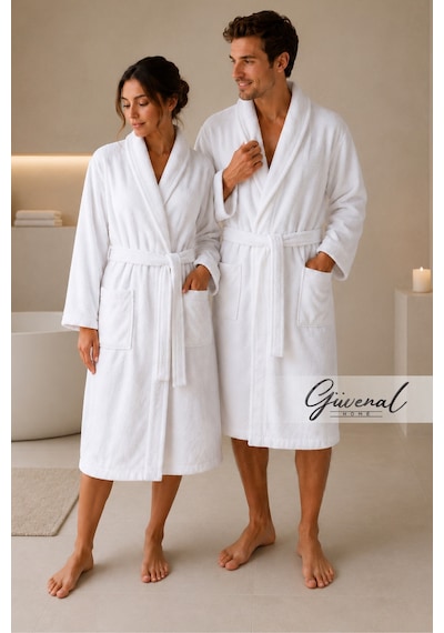 Blanc 2 Adet Pamuklu Unisex Bornoz Otel Bornozu Erkek Havlu Bornoz Kadın Havlu Bornoz Sauna Bornoz Sabahlık 2'li Beyaz