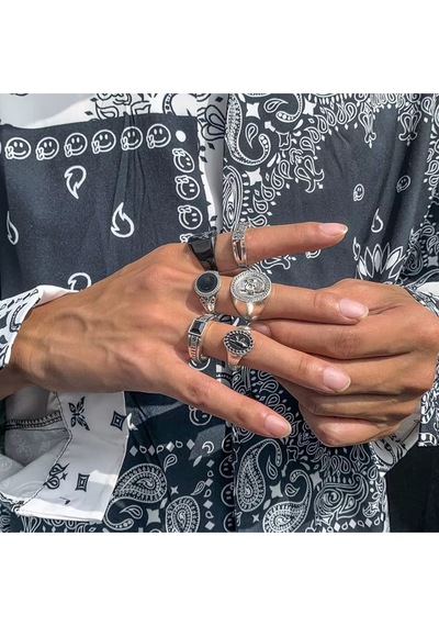 Girift Vintage Yuna 6 Adet Erkek Gothic Punk Gümüş Yüzük Seti Gri