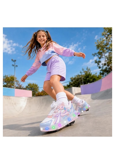 Zacoz Patenli Işıklı 4 Tekerlekli Led Spor Ayakkabı Sneaker Açık Pembe