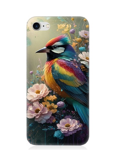 Apple iPhone 8 Uyumlu Çiçekler Arasında Kuş Desenli Silikon Kılıf Çok Renkli