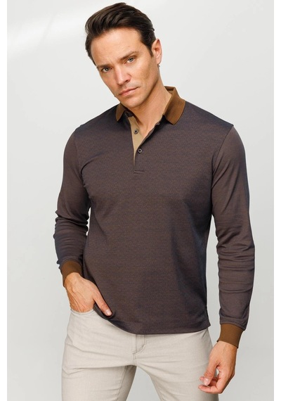 Desen Triko Erkek Polo Yaka Jakarlı Minik Desenli Sweatshirt Kahve Kahve