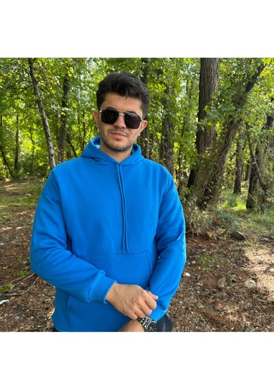Erkek 3 İplik Basic Oversize Kanguru Cepli Kapüşonlu Sweatshirt Mavi