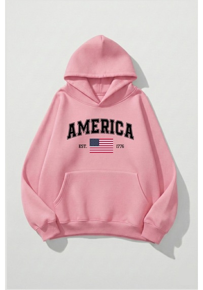 Uyguntarz Unisex Yumuşak Dokulu America Baskılı Tasarım Oversize 3 İplik Hoodie Sweatshirt Pembe