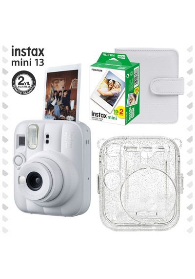 Instax Mini 13 Clay White Fotoğraf Makinesi + Deri Albüm + Pleksi Kılıf + 20'li Film Hediye Seti