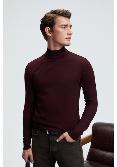 Grimelange REBEL Erkek Yarım Balıkçı Yaka Basic Slim Fit Triko Bordo Kazak
