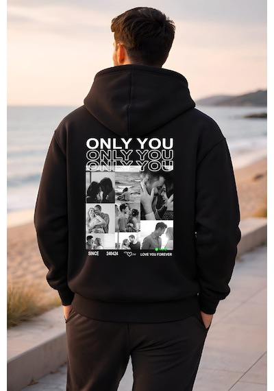 Young Fit Kişiye Özel Ön Ya Da Sırt Baskılı Kapüşomlu Hoodie Unisex Oversize Premium 3 İplik Sweatshirt Black