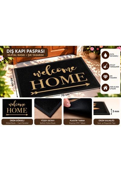 Dış Kapı Paspası 40x70 Cm Dijital Baskılı Kaymaz Pvc Plastik Tabanlı Kapı Önü Paspası Gri Siyah