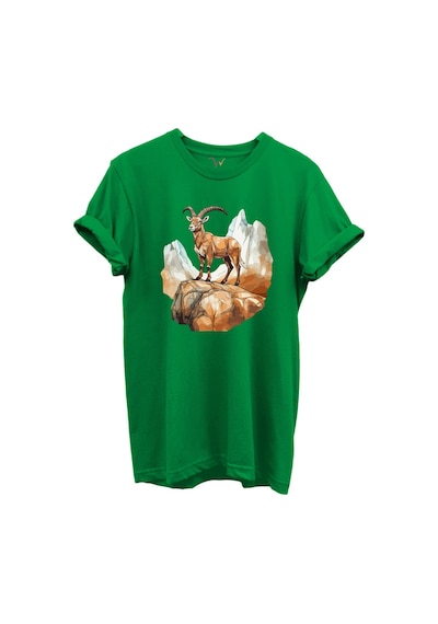 Dağ Keçisi Tasarımlı Avcılık Konseptli %100 Pamuk Regular Fit Bisiklet Yaka Unisex T-shirt Yeşil