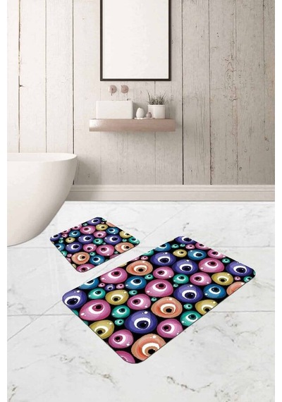 Renkli Nazar Boncuklu Banyo Halısı Klozet Paspas Seti Bs291n11 Çok Renkli