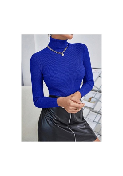Hanclo Kadın Fitilli Balıkçı Yaka Slim Fit Triko Kazak Mavi