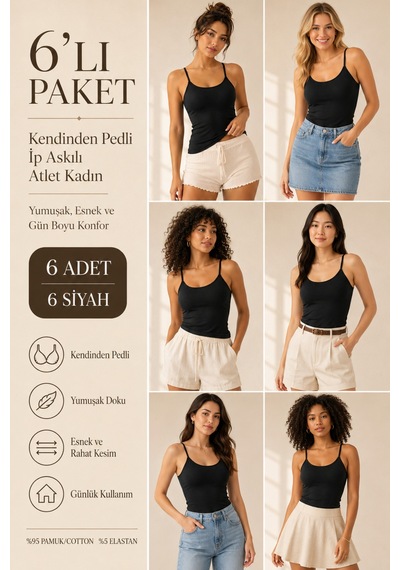 Loule Kadın 6'lı İp Askılı Pedli Atlet Siyah %95 Pamuk