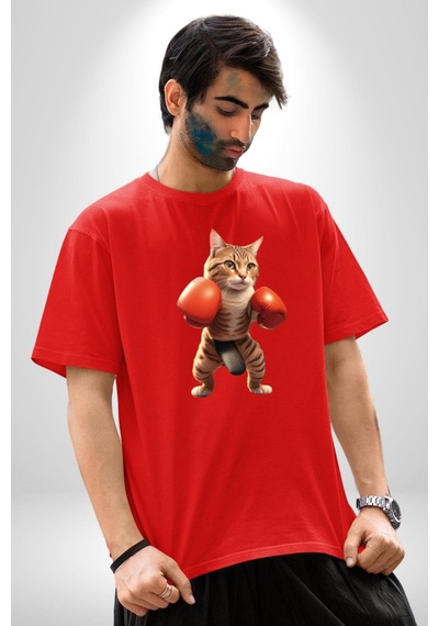 Boks Yapan Kedi Pamuklu Bisiklet Yaka Unisex Oversize Boyfriend Dijital Baskılı Kırmızı T-shirt Kırmızı