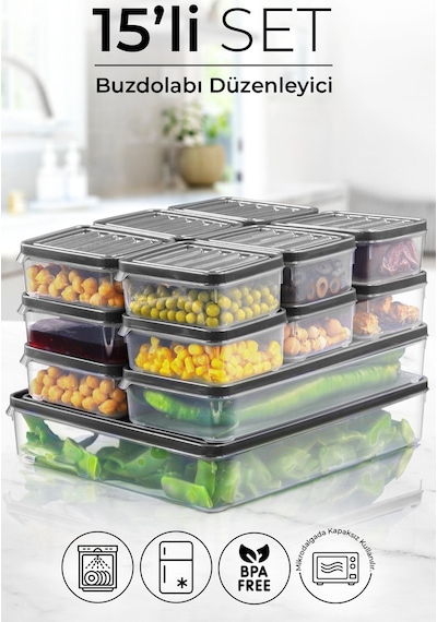 Kitchen Life 15 Li Buzdolabı Ve Mikrodalga Saklama Kabı - Buzdolabı Organizeri ( 250ml X12 1000ml X2 2500ml X1)