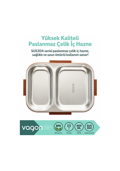 Vagonlife Vgn-7189 Let's Go 600 Ml Tek Katlı 2 Bölmeli Paslanmaz Çelik Yemek Kabı Lunch Box Çok Renkli