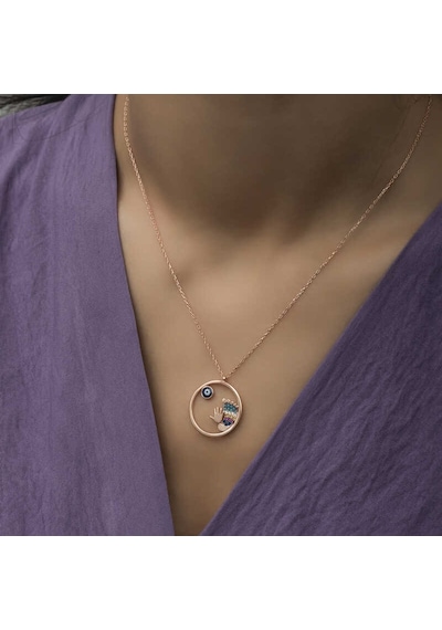 925 Ayar Gümüş Rose Altın Kaplama Kaplama Kaplama Nazarlı El Ve Ayak İzi Bayan Kolye Rose Gold
