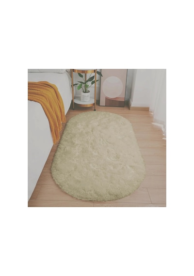 Bej Oval Post Halı Peluş Yumuşak Kaymaz Dot Taban Makinada Yıkanabilir Yolluk Bej