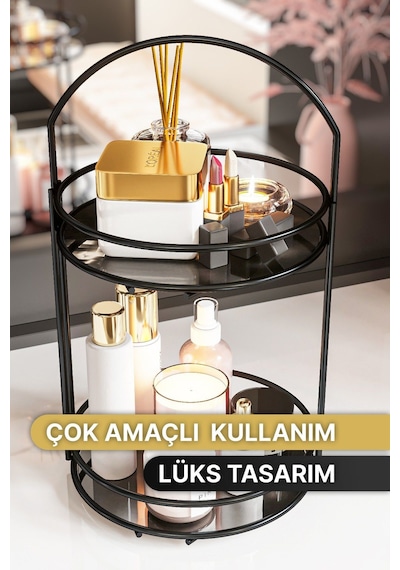 Banyo Düzenleyici 2 Katlı 40cm Siyah Lüks Düzenleyici Organizer Banyo Rafı Şampuanlık Dekoratif Siyah