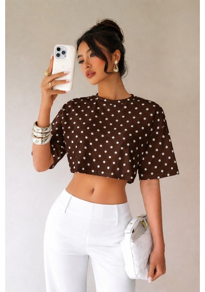 Hımmelduf Kadın Puantiye Desenli Crop Tişört Basic Oversize Yazlık Bluz Kahverengi