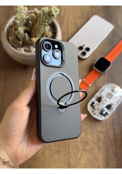 Apple iPhone 14 Pro Max Uyumlu Karbon Desenli Standlı Ve Magsafe Uyumlu Kılıf Soocase700 Siyah