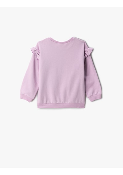 Koton Fırfırlı Baskılı Sweatshirt Uzun Kollu Bisiklet Yaka Şardonlu Lila 3smg10039ak Lila