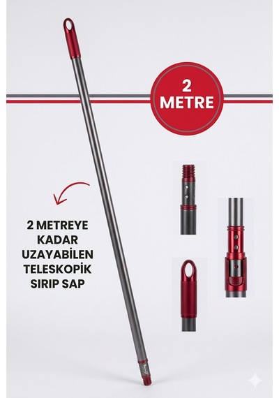 2 Metre Teleskopik Sap Kalın Metal Gri - 2m Uzayan Sırık Temizlik Sapı