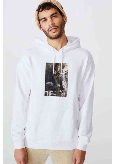 Newt Maze Runner Baskılı Beyaz Erkek Örme Kapşonlu Sweatshirt