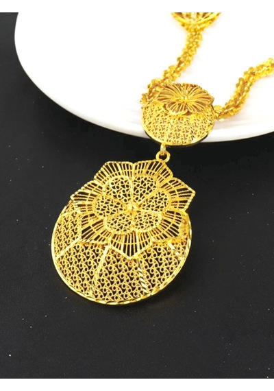 24k Altın Kaplama Etnik Çiçek Kolye Küpe Ve Yüzük Takı Seti Altın