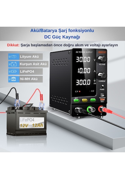 Ayarlı Dc Güç Kaynağı 30v/10a Şarj Fonksiyonlu Siyah