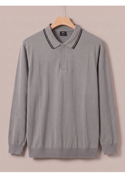 Maccali Erkek Gri Büyük Beden Gizli Fermuarlı Polo Yaka Triko Sweatshirt