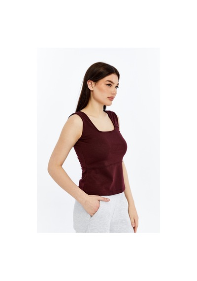 Kadın Kare Yaka Kolsuz Kalın Askılı Esnek Basic Bluz Bordo