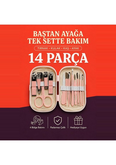 Lexroo 14 Parça Manikür Pedikür Seti Pembe Çantalı Tırnak Kulak Kaş El Ayak Kişisel Bakım Paslanmaz