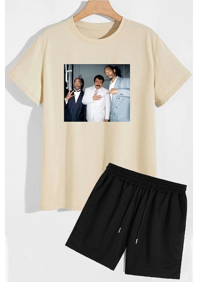 Uyguntarz Müslüm Baskılı Şort T-shirt Eşofman Takımı Bej
