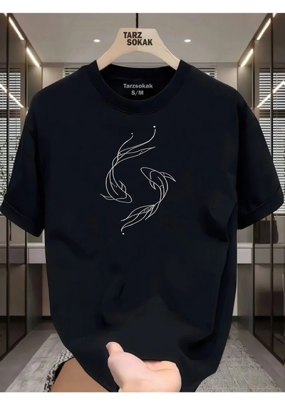 Startmore Unisex Balık Desen T-shirt Siyah