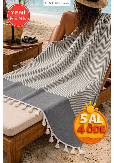 Calmera Çizgili Peştemal Pamuk - Doğal Saçaklı Plaj, Deniz, Havuz, Spa, Sauna, Spor, Seyahat Havlu - Siyah