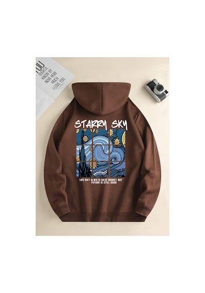 Medinenur Starry Sky Baskılı Kapüşonlu Sweatshirt Kahverengi