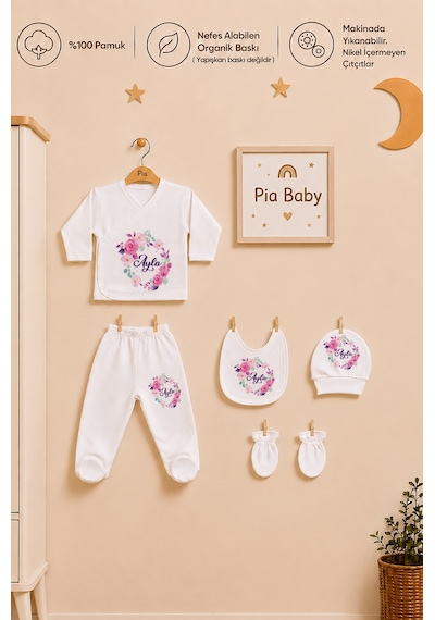 Pia Baby İsme Özel Kız Bebek %100 Pamuk Zıbın Şapka Önlük Eldivenli Set 2020z0x Krem