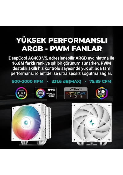 Deepcool Ag400 V5 Argb İşlemci Soğutucu White Amd Ve İntel Uyumlu 120mm Kule Tipi Hava Soğutma 12 Cm Hava Soğutucu Tdp 220w Beyaz Beyaz - Argb