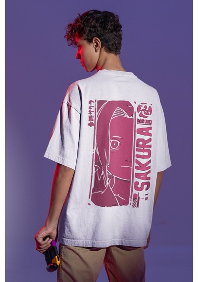 Sevbano Naruto Sakura Haruno Sırt Baskılı Unisex Oversize Anime Tişört Beyaz