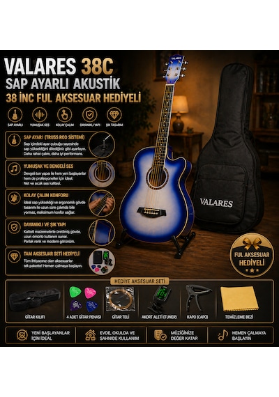 Valares 38c Kesik Kasa Sap Ayarlı Akustik Gitar 38 4/4 Full Aksesuar Hediyeli Mavi Sunburst Blue Sunburst