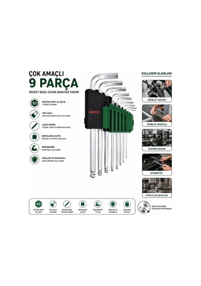 Bosch 1 600 A03 2v1 9 Parça Uzun Düz Alyan Anahtar Takımı - Krom- 6'li Paket