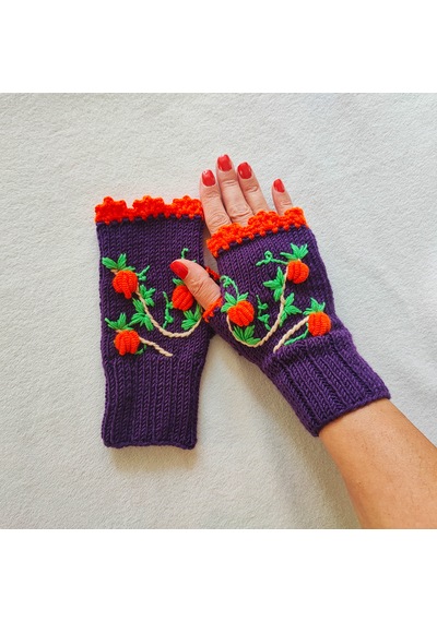 Newdaycraft El Örgüsü Motifli Parmaksız Eldiven / Bileklik - Halloween Mor Koyu Mor