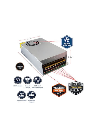 Peace B2883 12v 30a Fanlı Kalın Metal Kasa Adaptör 360w Dc Trafo