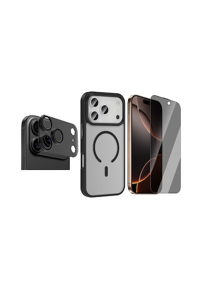 Vendas Apple iPhone Uyumlu  17 Pro Kılıf M-safe Şarj Özellikli Mat Arka Yüzey Zore Sio Kapak +lens +ekran Koruyucu Siyah