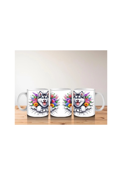 Çiçek Taçlı Gülümseyen Husky Deseni Baskılı Kahve Kupası Renkli