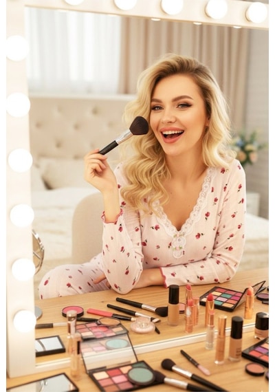 Siyah İnci Pamuklu Delikli Dantelli Örme Pijama Takım7928-6 Beyaz