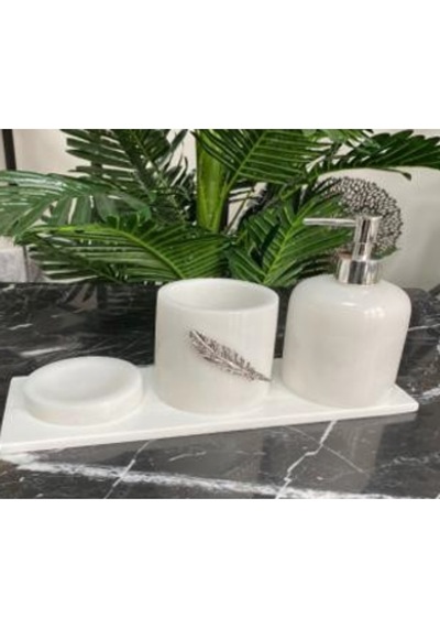 Bnbz3000 Afyon Beyaz 4 Lü Silver Banyo Seti Dekoratif Mermer Şık Banyo Aksesuarı Minimal