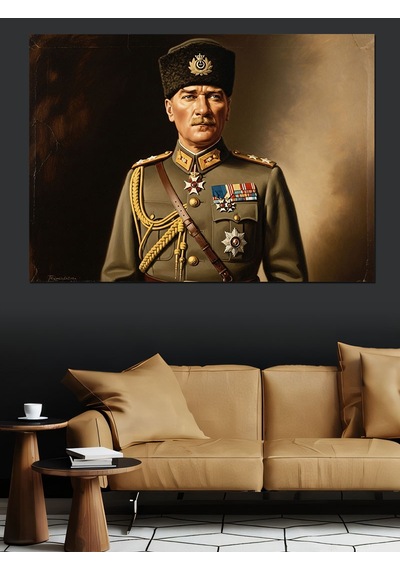 Askeri Üniformalı Mustafa Kemal Atatürk Portresi Dekoratif Kanvas - Mdf Ahşap Tablo