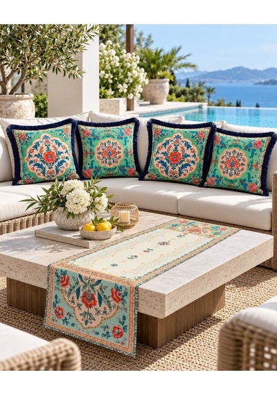 Oriental Bloom Çiçek Desenli Runner + 4 Lü Kırlent Kılıfı Kombin 45 x 45
